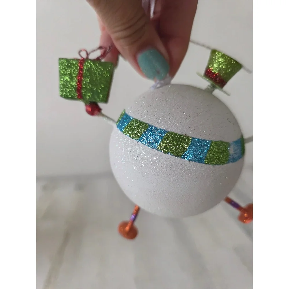 Vintage Pier 1 glitter snowman presents ornament top hat green Xmas
